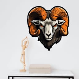 image-Artistic Ram Head Wall Sticker - Detailed Illustration Decal with Glossy Horns and Piercing Gaze