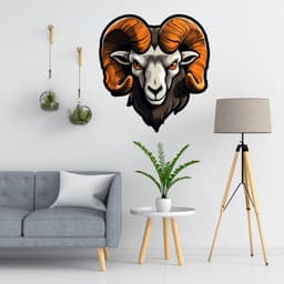 image-Artistic Ram Head Wall Sticker - Detailed Illustration Decal with Glossy Horns and Piercing Gaze