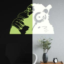 image-Banksy Glowing Vinyl Wall Decal Monkey With Headphones - Glow in Dark Chimp Listening to Music Earphones