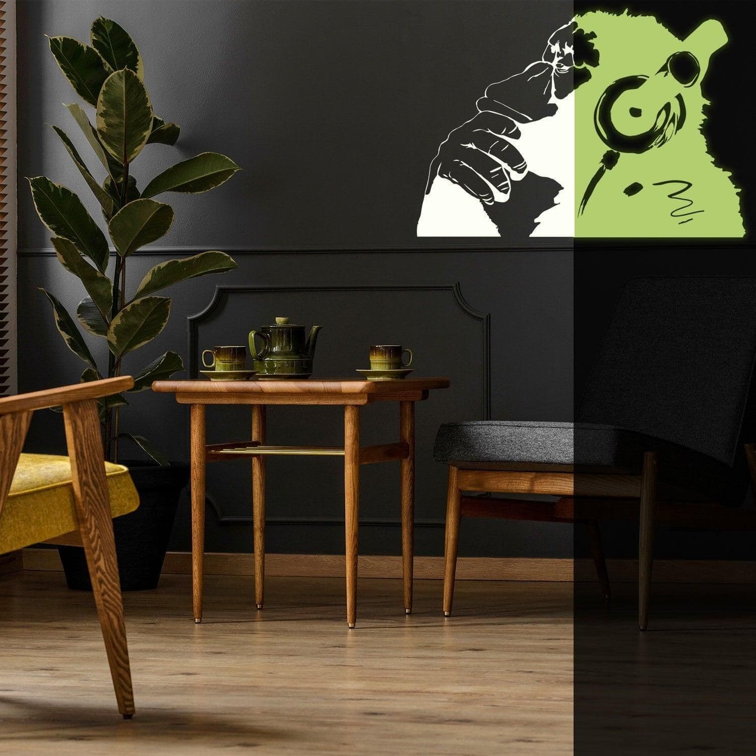 image-Banksy Glowing Vinyl Wall Decal Monkey With Headphones - Glow in Dark Chimp Listening to Music Earphones
