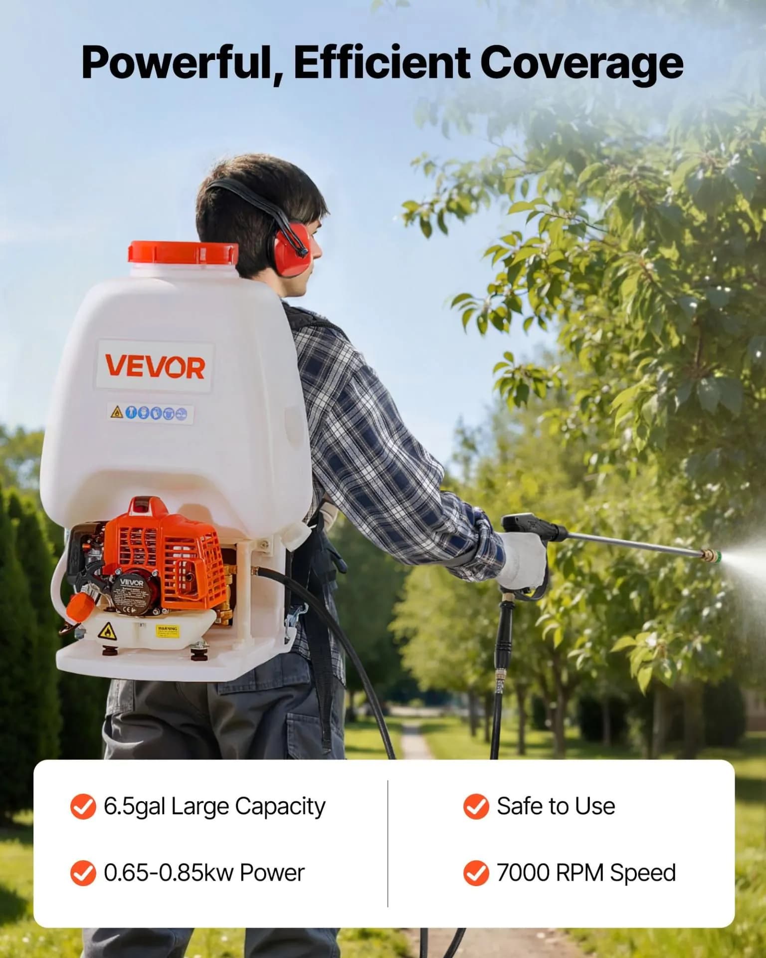 image-VEVOR Gas Powered Backpack Sprayer, 26.5CC 0.9HP Engine, Garden Sprayer with 6.5 Gallon Tank, Large Area Coverage, Lawn Spraying Machine with 24 in Wand & Nozzles for Efficient Gardening & Farming