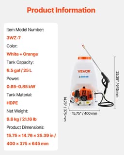 image-VEVOR Gas Powered Backpack Sprayer, 26.5CC 0.9HP Engine, Garden Sprayer with 6.5 Gallon Tank, Large Area Coverage, Lawn Spraying Machine with 24 in Wand & Nozzles for Efficient Gardening & Farming