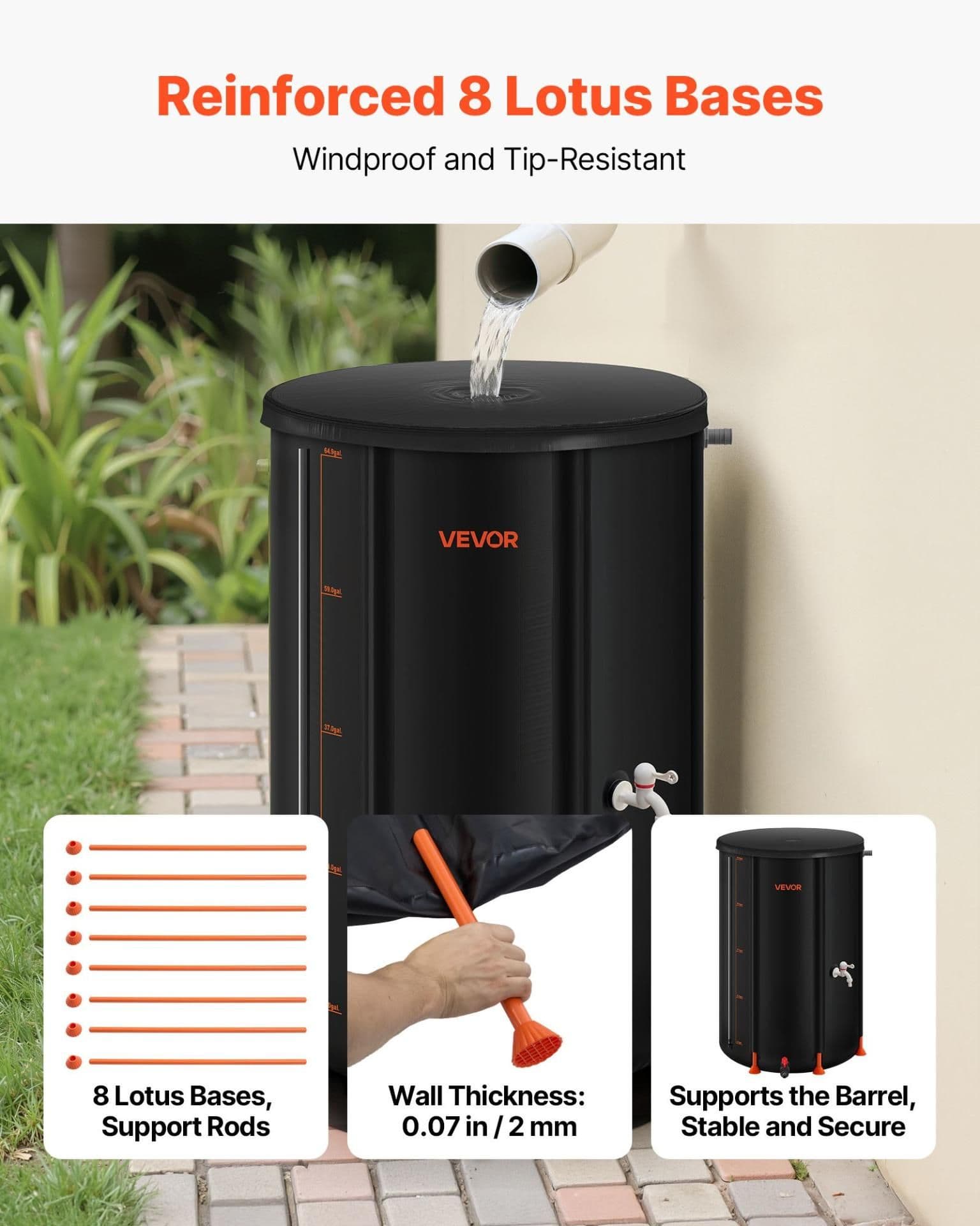 image-VEVOR Collapsible Rain Barrel, 66 Gallon Portable Rain Water Collection Barrel, 500D PVC Rainwater Collection System, Garden Water Catcher Tank Storage Container with Spigot & Overflow Kit, Black