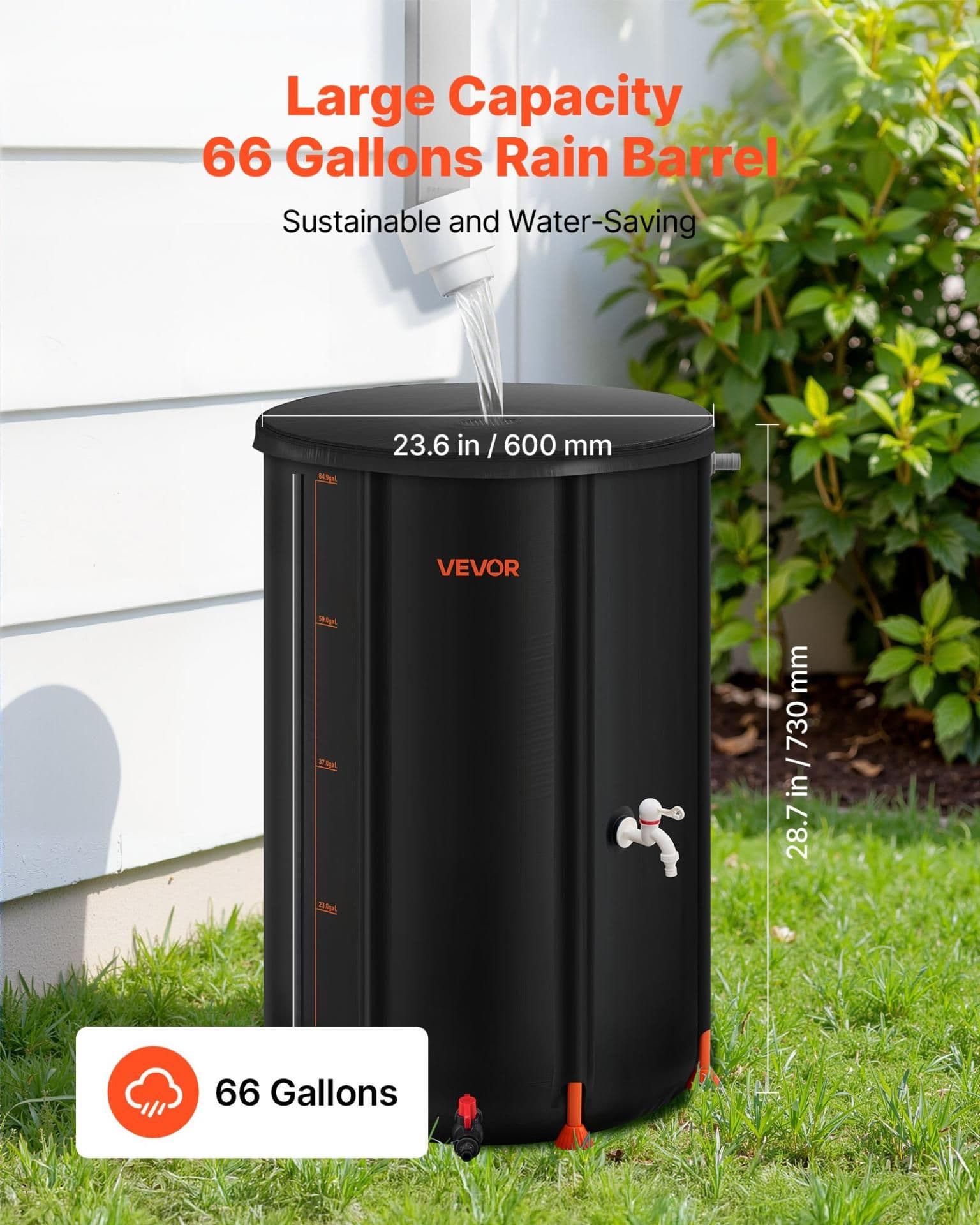 image-VEVOR Collapsible Rain Barrel, 66 Gallon Portable Rain Water Collection Barrel, 500D PVC Rainwater Collection System, Garden Water Catcher Tank Storage Container with Spigot & Overflow Kit, Black