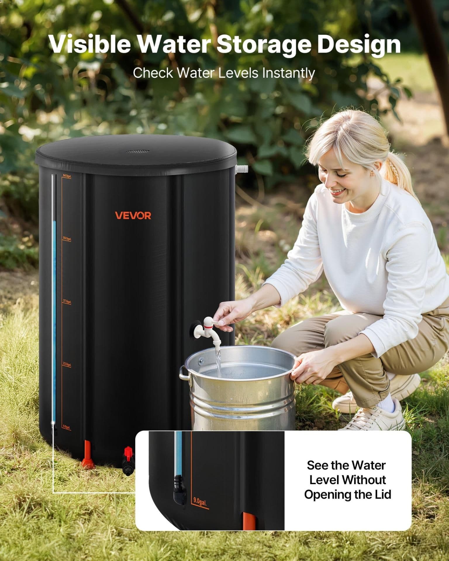 image-VEVOR Collapsible Rain Barrel, 66 Gallon Portable Rain Water Collection Barrel, 500D PVC Rainwater Collection System, Garden Water Catcher Tank Storage Container with Spigot & Overflow Kit, Black