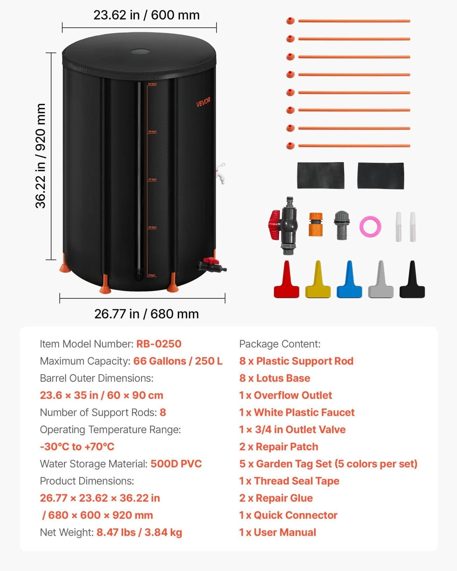 image-VEVOR Collapsible Rain Barrel, 66 Gallon Portable Rain Water Collection Barrel, 500D PVC Rainwater Collection System, Garden Water Catcher Tank Storage Container with Spigot & Overflow Kit, Black