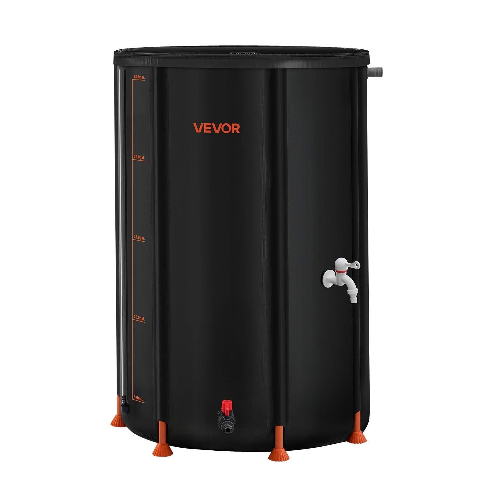image-VEVOR Collapsible Rain Barrel, 66 Gallon Portable Rain Water Collection Barrel, 500D PVC Rainwater Collection System, Garden Water Catcher Tank Storage Container with Spigot & Overflow Kit, Black