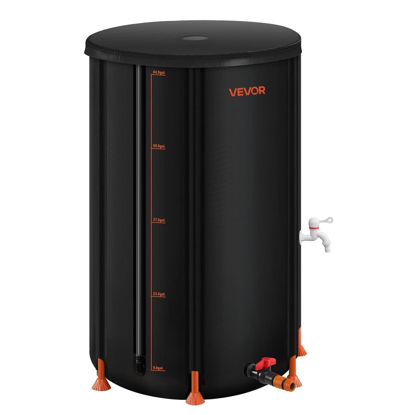 image-VEVOR Collapsible Rain Barrel, 66 Gallon Portable Rain Water Collection Barrel, 500D PVC Rainwater Collection System, Garden Water Catcher Tank Storage Container with Spigot & Overflow Kit, Black