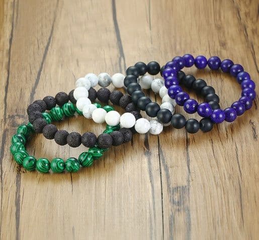 image-Natural Stone Beads Black Lava Rock Stone White Stretch Charm Strand Bracelet