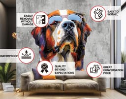 image-Thoughtful St. Bernard in Glasses Wall Decal - Dreamy Watercolor Bernese Mountain Dog Imagining Art Sticker