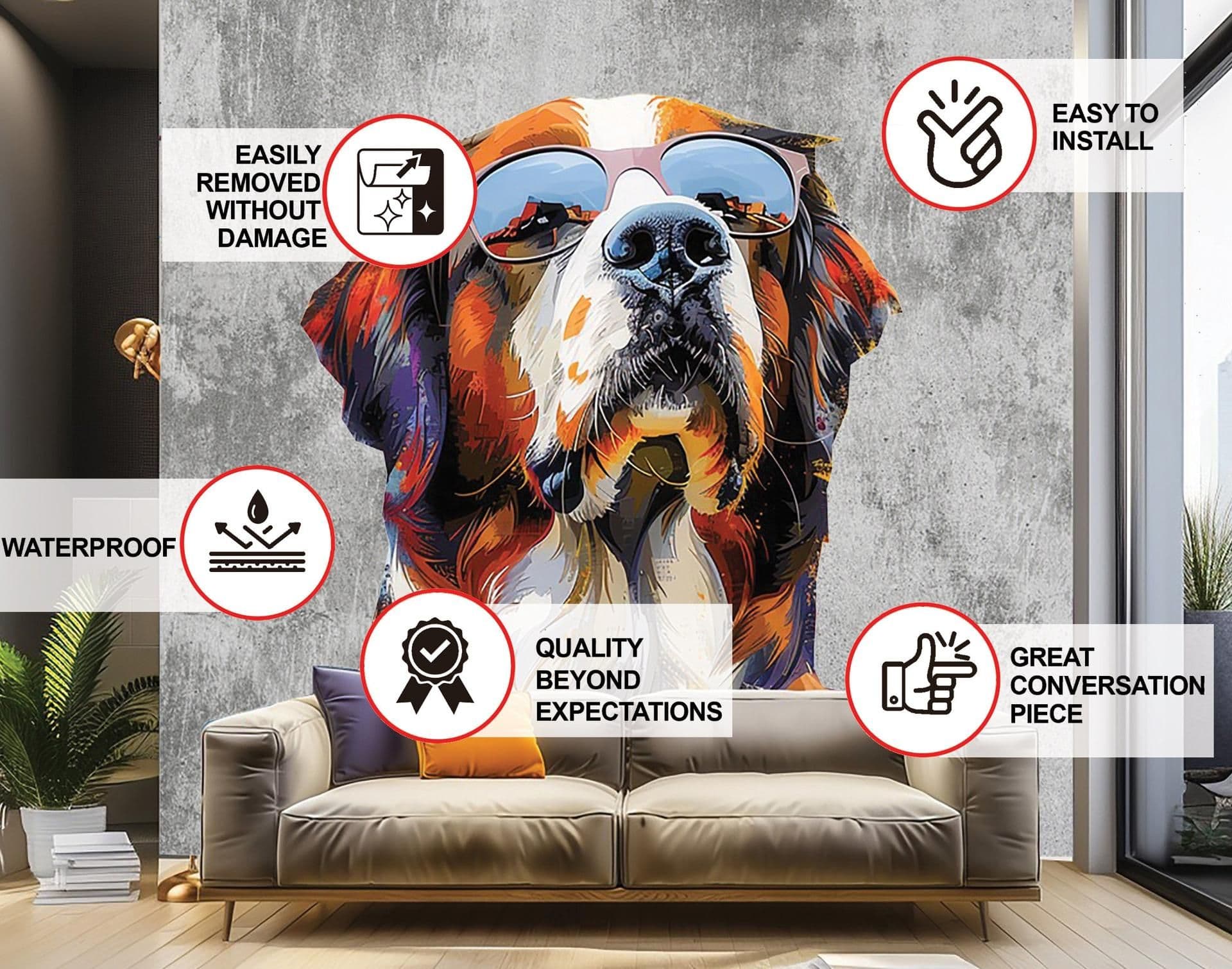 image-Thoughtful St. Bernard in Glasses Wall Decal - Dreamy Watercolor Bernese Mountain Dog Imagining Art Sticker