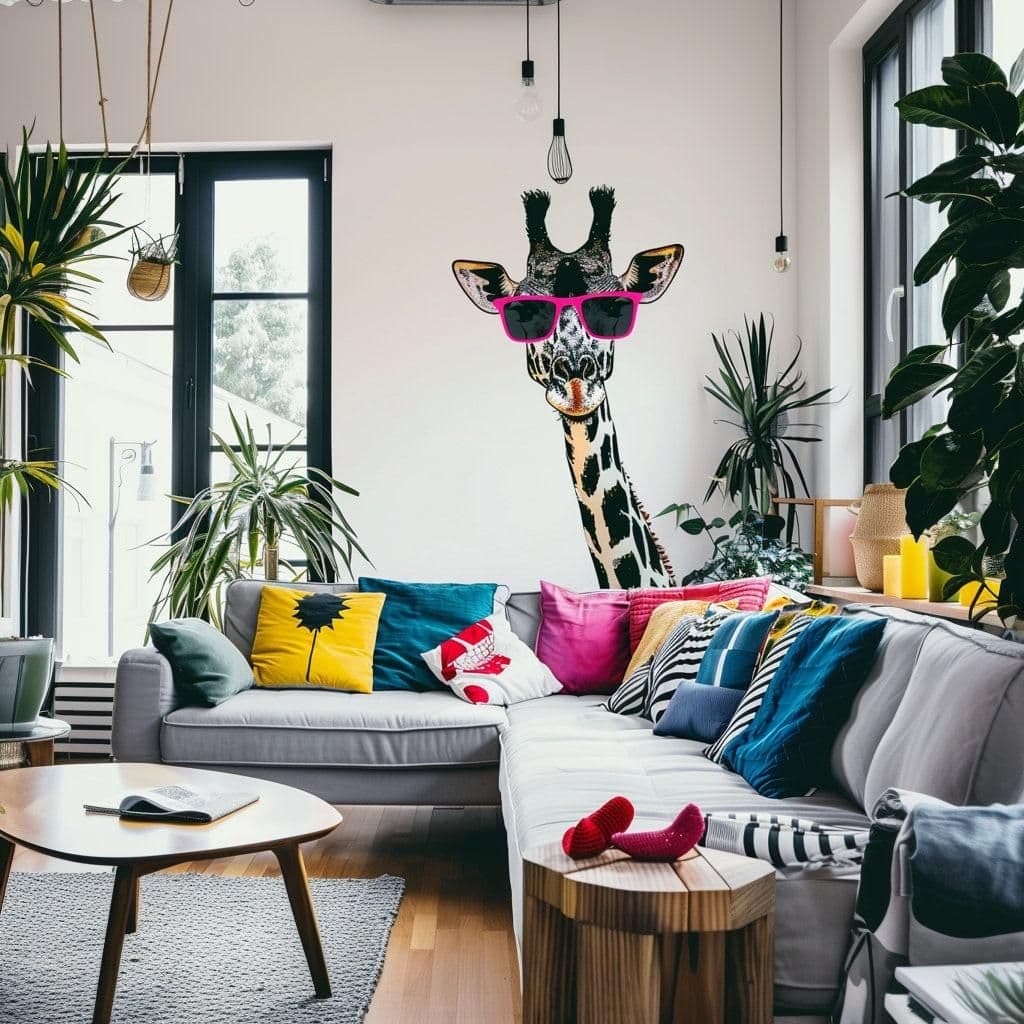 image-Playful Giraffe Wall Sticker with Pink Sunglasses | Fun Animal Art Decal | Modern Living Room Decor | Whimsical Giraffe Wall Art