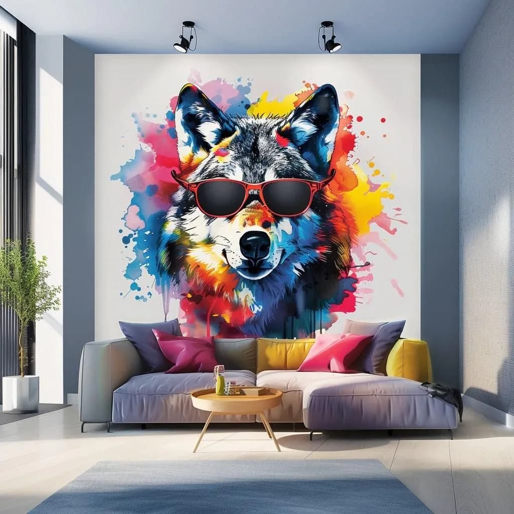 image-Watercolor Wolf Wall Sticker with Sunglasses - Modern Wolf Art Decal