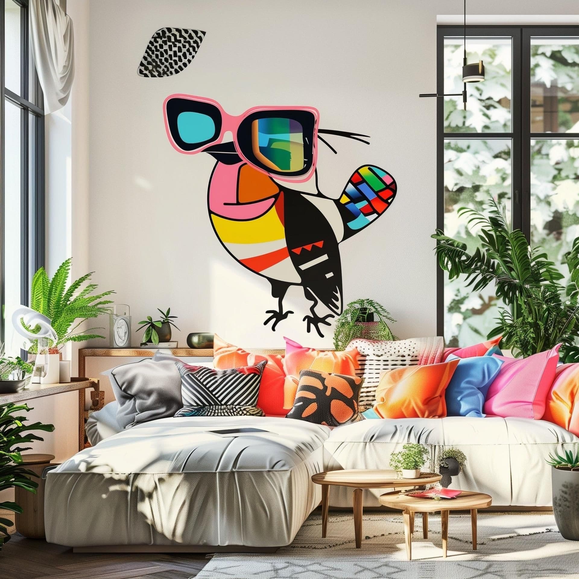 image-Downy Woodpecker in Glasses Street Art Style Wall Sticker Decals - Unique Room Decor for Bird Lovers
