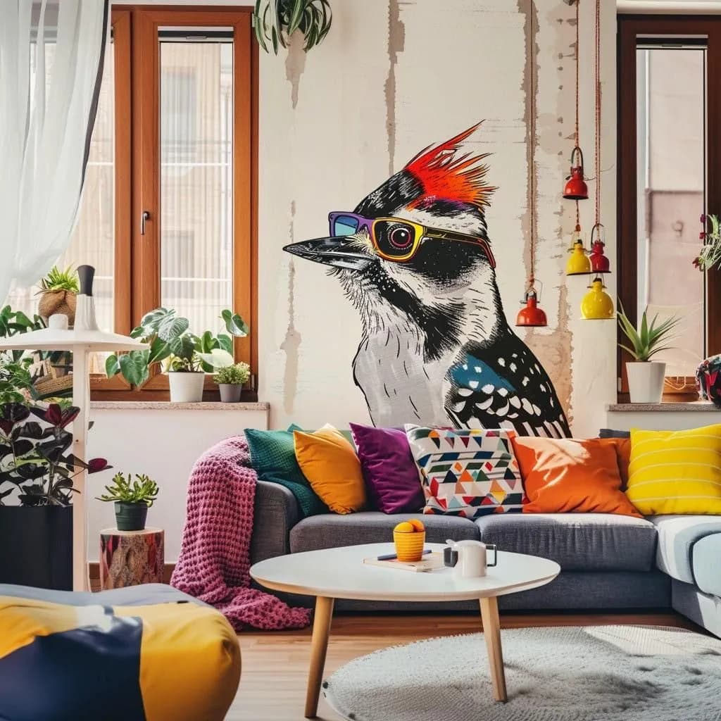image-Downy Woodpecker Bird in Glasses Wall Sticker Decals - Colorful Art Style Room Decor