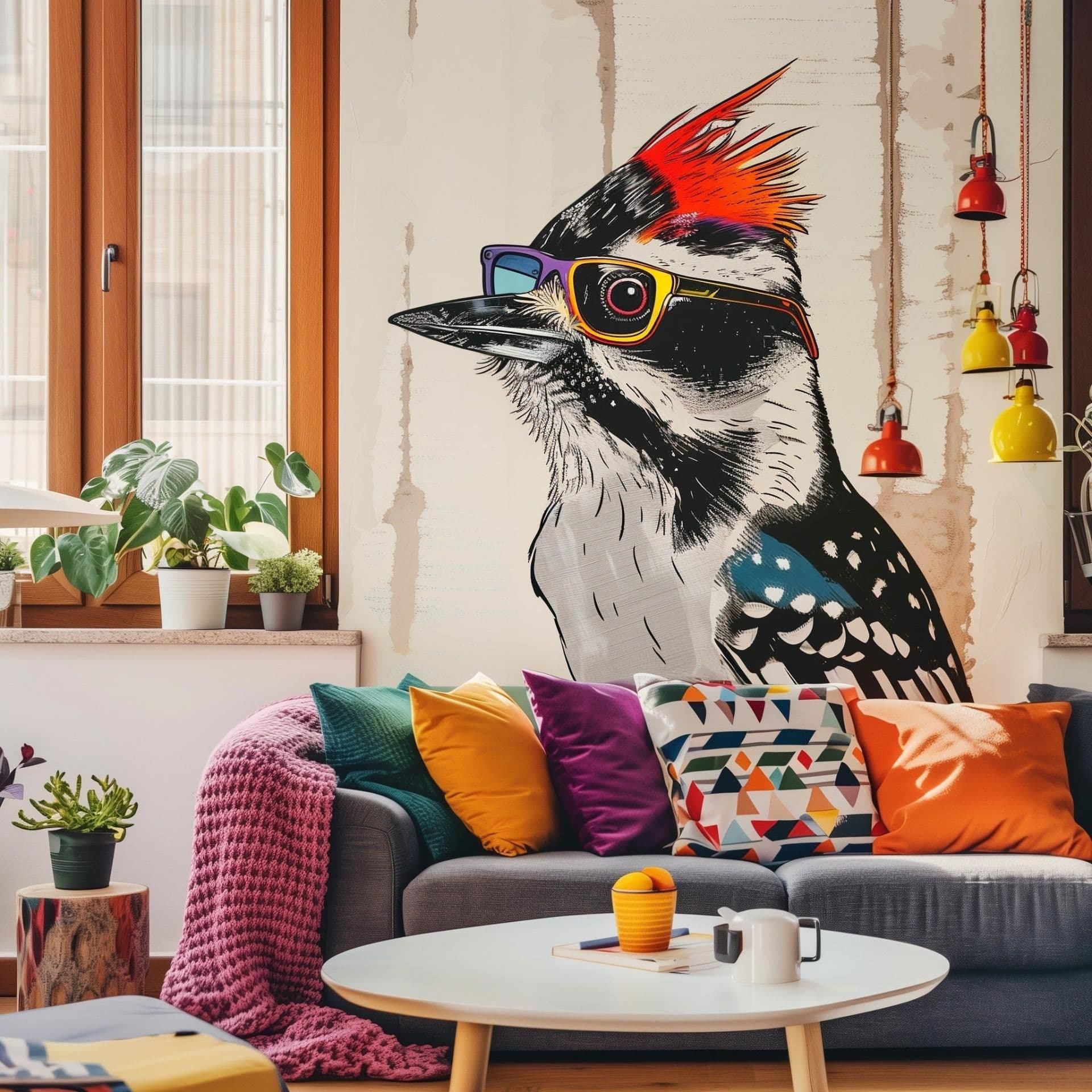 image-Downy Woodpecker Bird in Glasses Wall Sticker Decals - Colorful Art Style Room Decor