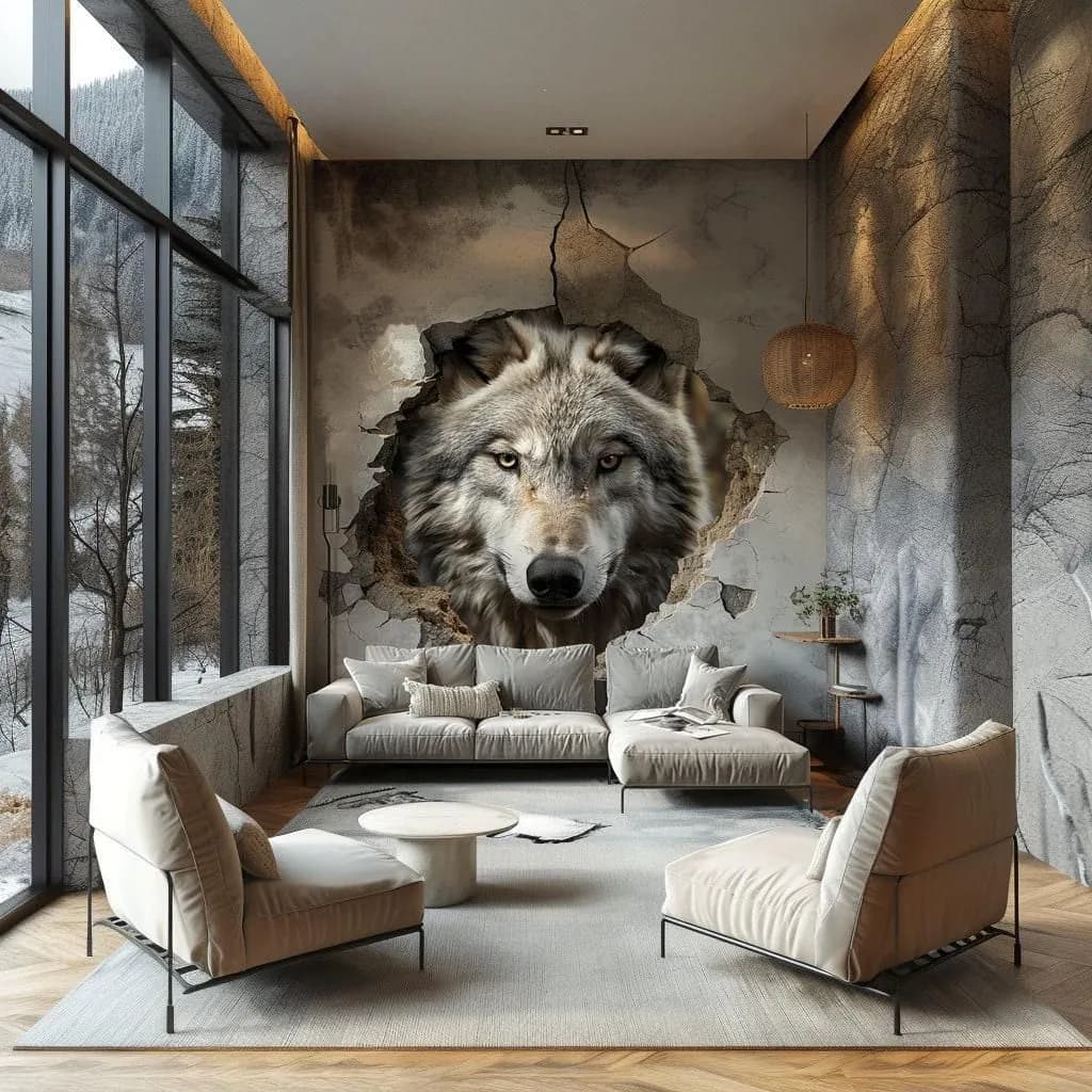 image-Realistic 3D Wolf Wall Decal Sticker - Majestic Wolf Breaking Through Wall