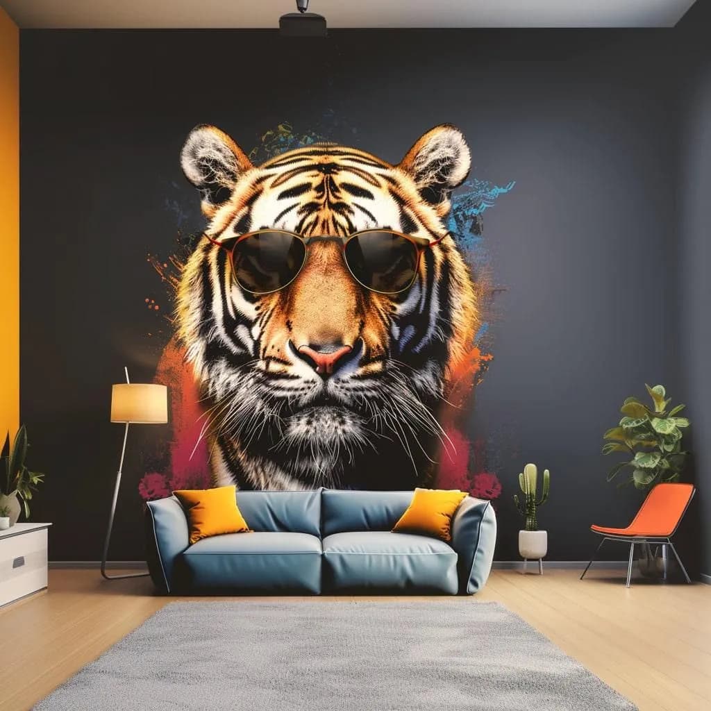image-Graffiti Tiger Wall Sticker with Sunglasses | Bold and Vibrant Animal Art Decal | Modern Urban Home Decor | Predator Living Room Wall Art