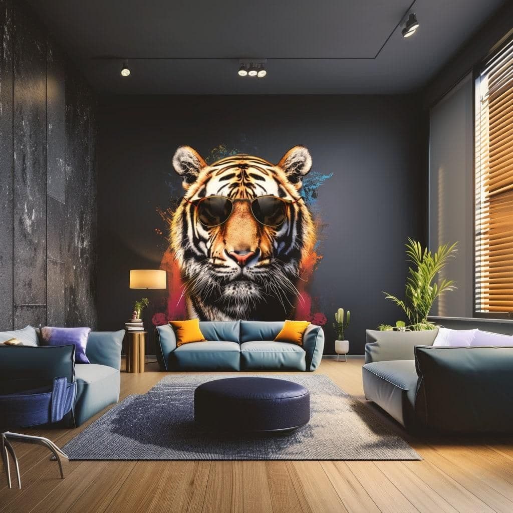 image-Graffiti Tiger Wall Sticker with Sunglasses | Bold and Vibrant Animal Art Decal | Modern Urban Home Decor | Predator Living Room Wall Art