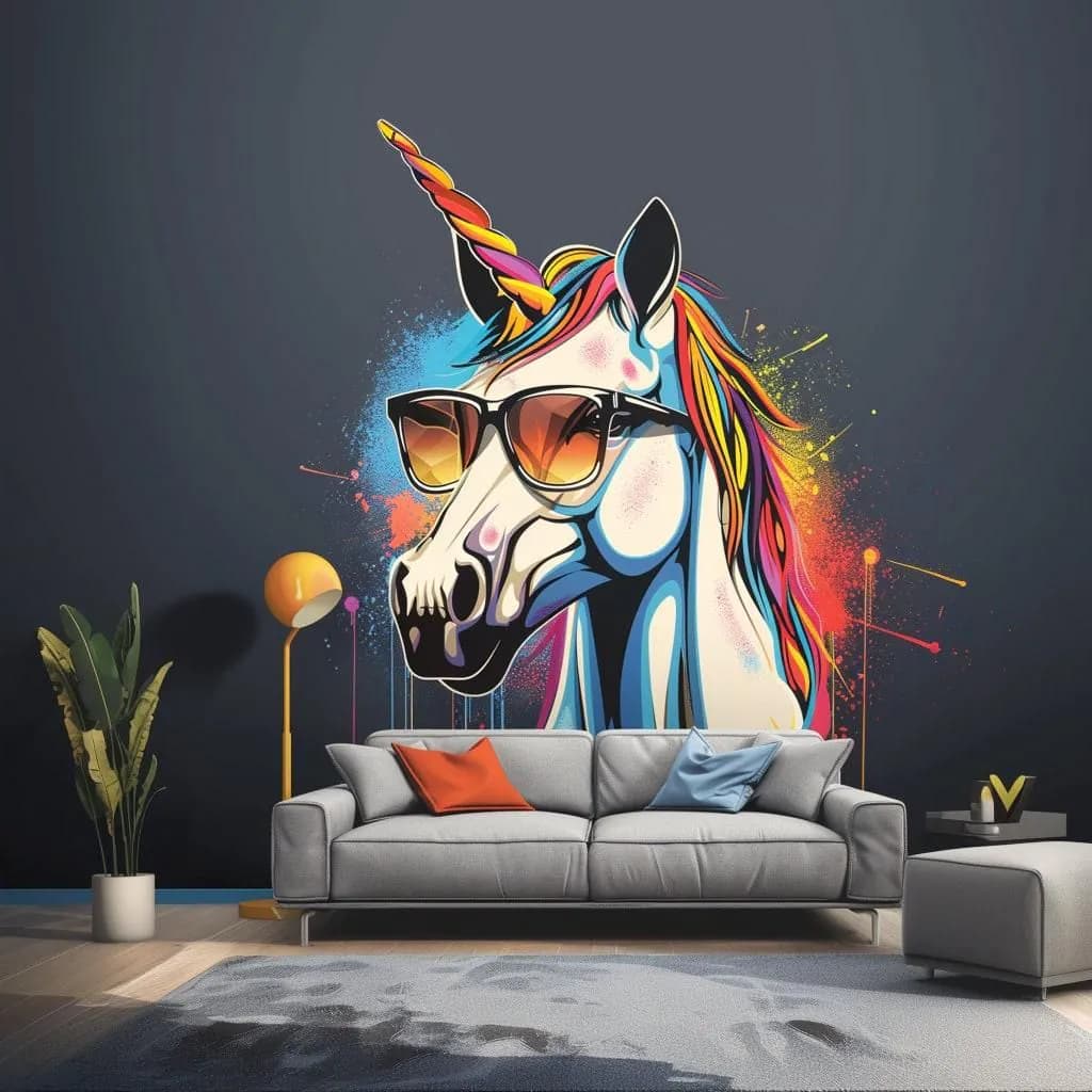 image-Graffiti Unicorn Wall Sticker - Colorful Unicorn with Sunglasses Decal