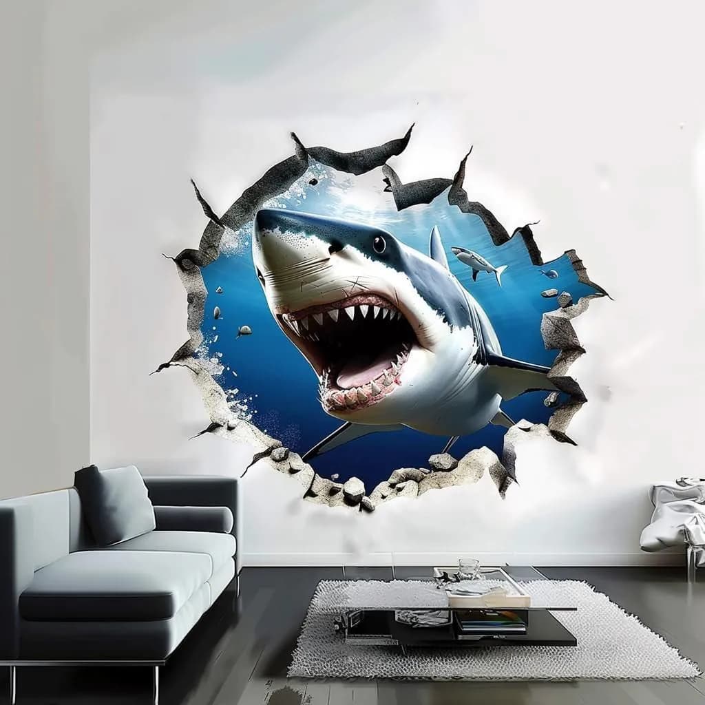 image-3D Realistic White Shark Wall Decal | Crack Hole with Shark open Jaw Wall Sticker | Ocean Theme Portal Room Decor Art