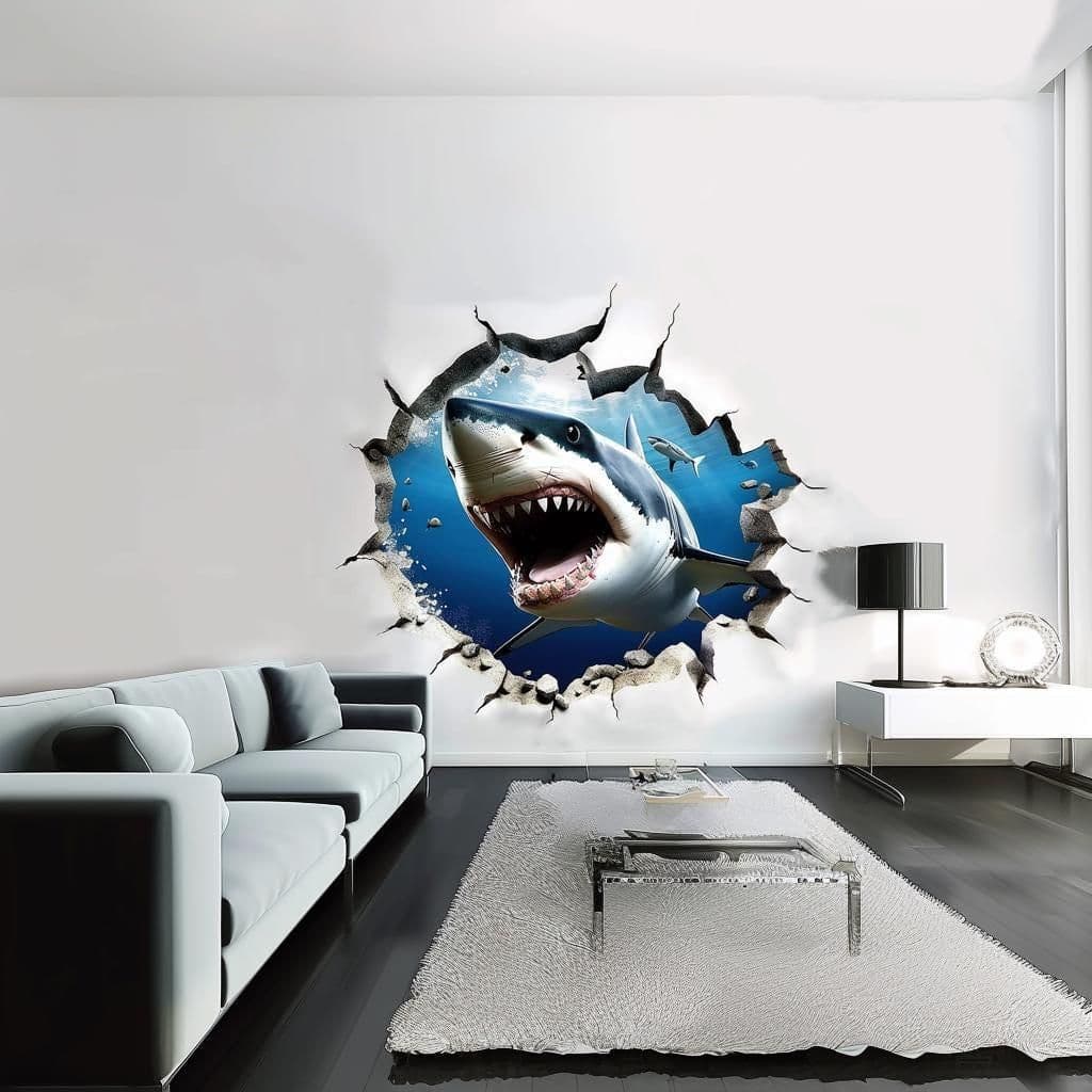 image-3D Realistic White Shark Wall Decal | Crack Hole with Shark open Jaw Wall Sticker | Ocean Theme Portal Room Decor Art