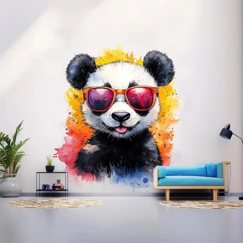 image-Adorable Baby Panda Wall Decal with Sunglasses | Colorful Watercolor Splash Baby Bear Sticker | Cute Animal Wall Decals