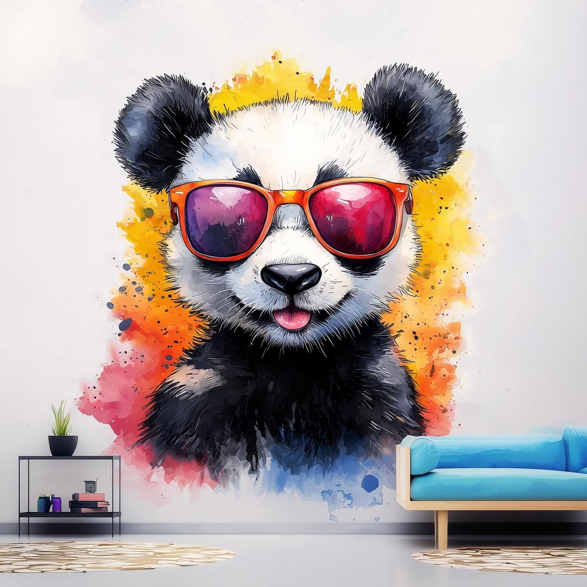 image-Adorable Baby Panda Wall Decal with Sunglasses | Colorful Watercolor Splash Baby Bear Sticker | Cute Animal Wall Decals