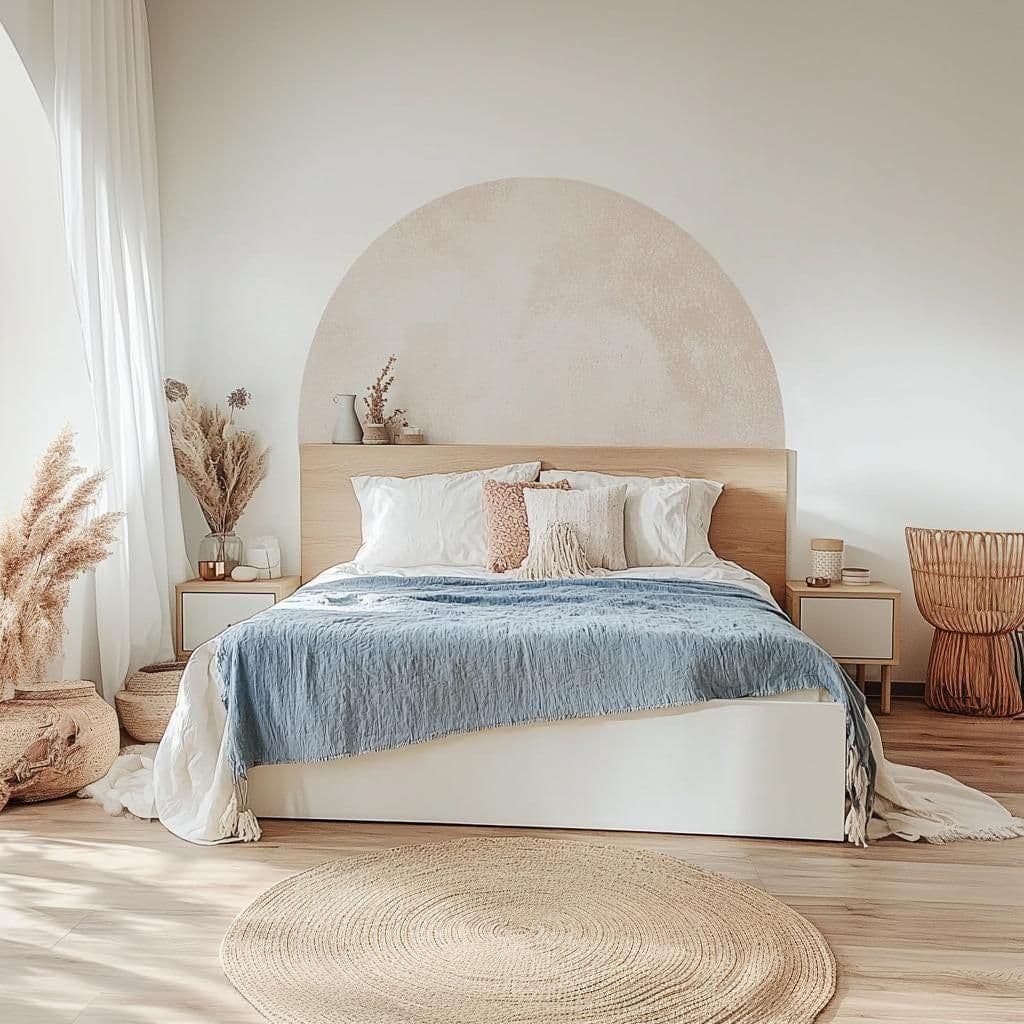 image-Boho Headboard Decal | Pastel Semi-Circle Wall Sticker | Minimalist Bedroom Decor | Artistic Bed Arch Accent | Peel and Stick Beige Wall Art