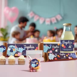 image-Personalized Elephant Birthday Party Decal Set | Custom Name Age Bottle Treat Decals | Cute Animal Theme | DIY Girls Party Decorations *!
