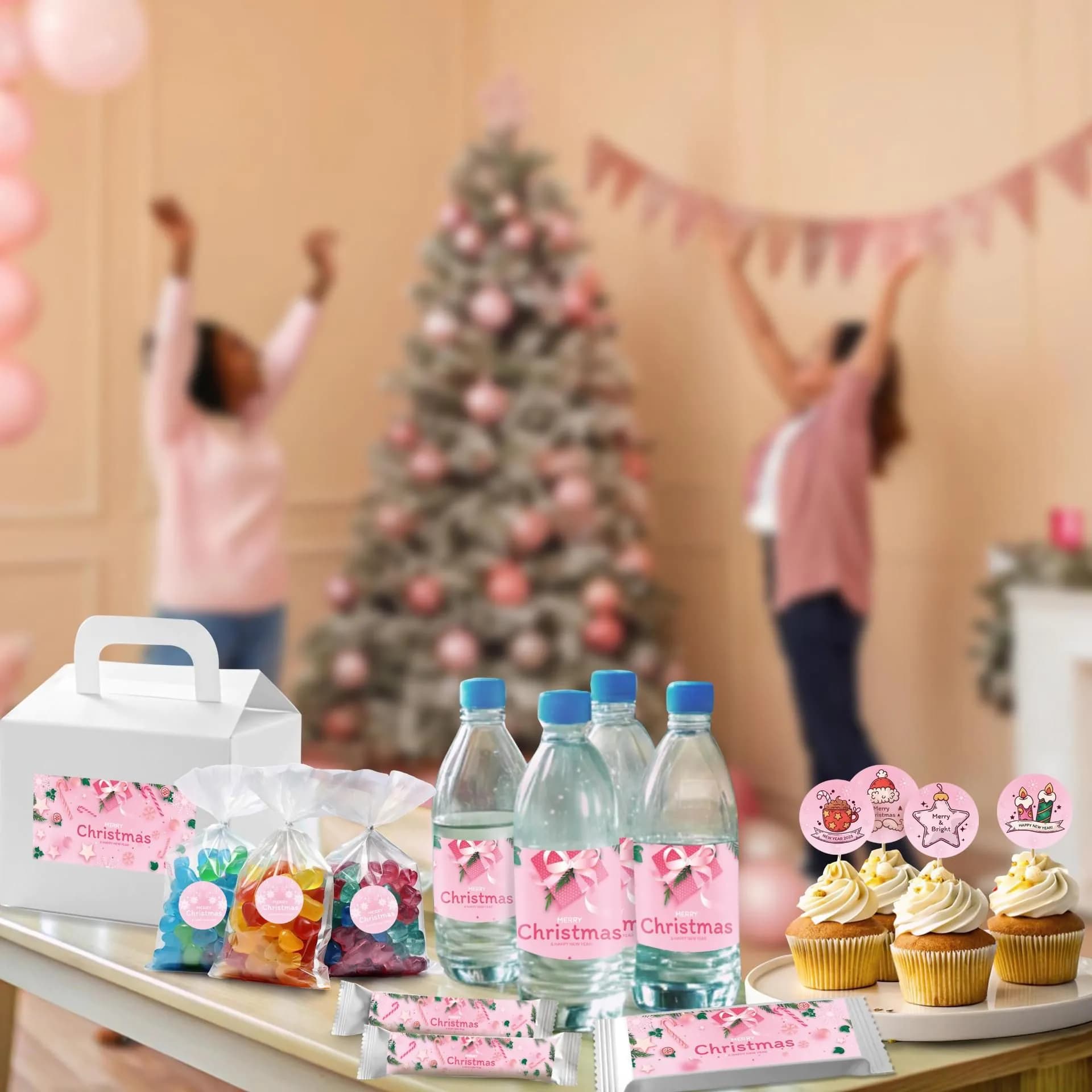 image-Pink Christmas Sticker Set | Personalized Holiday Labels for Bottles, Gifts Chocolates | Pastel Christmas Tree Wall Decal | Festive Decor *!