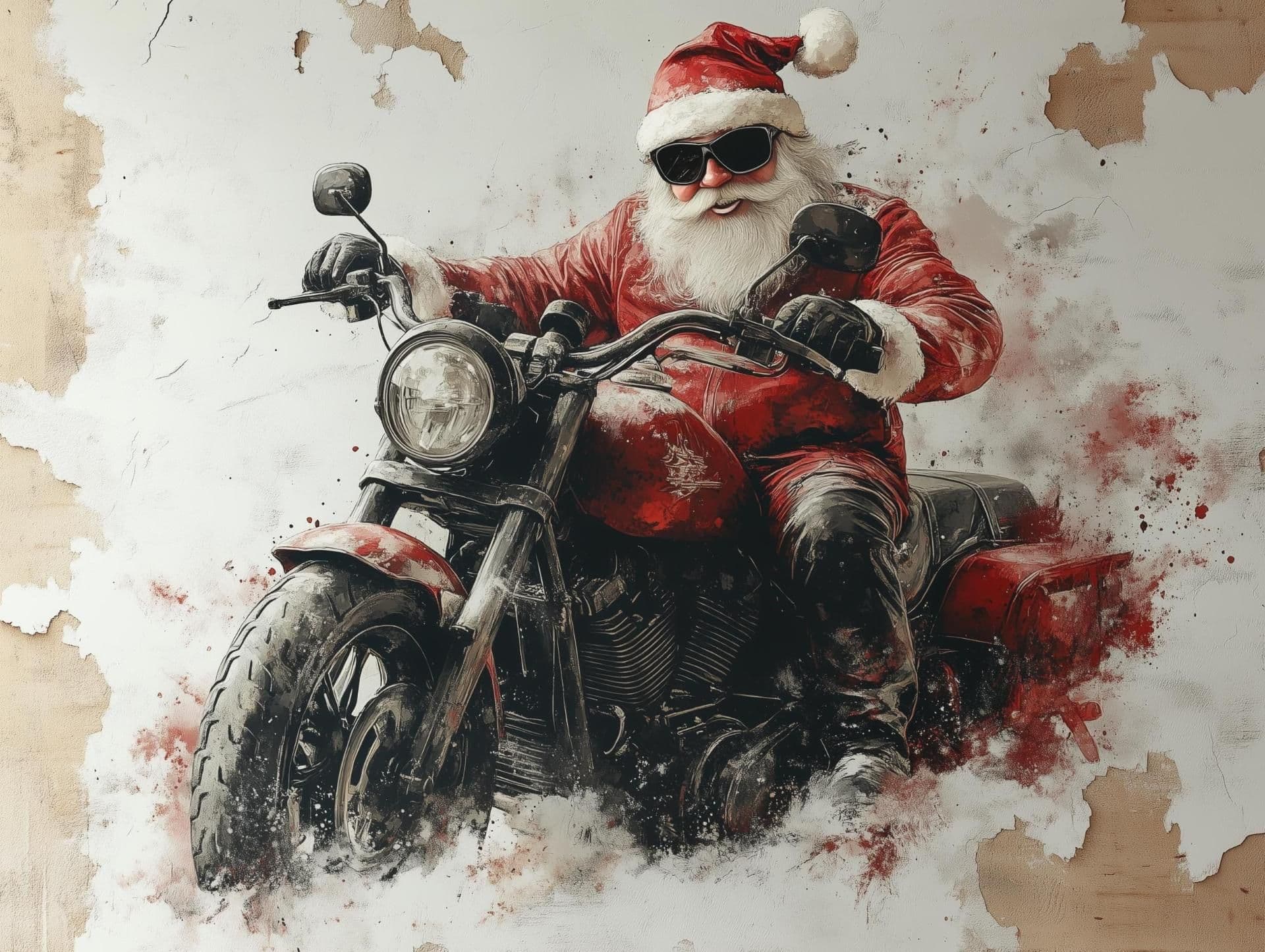 image-Biker Santa Wall Mural | Adventurous Christmas Decor | Santa on Motorcycle Wall Art | Unique Holiday Wall Sticker | Festive Statement Piece