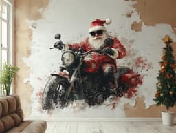 image-Biker Santa Wall Mural | Adventurous Christmas Decor | Santa on Motorcycle Wall Art | Unique Holiday Wall Sticker | Festive Statement Piece