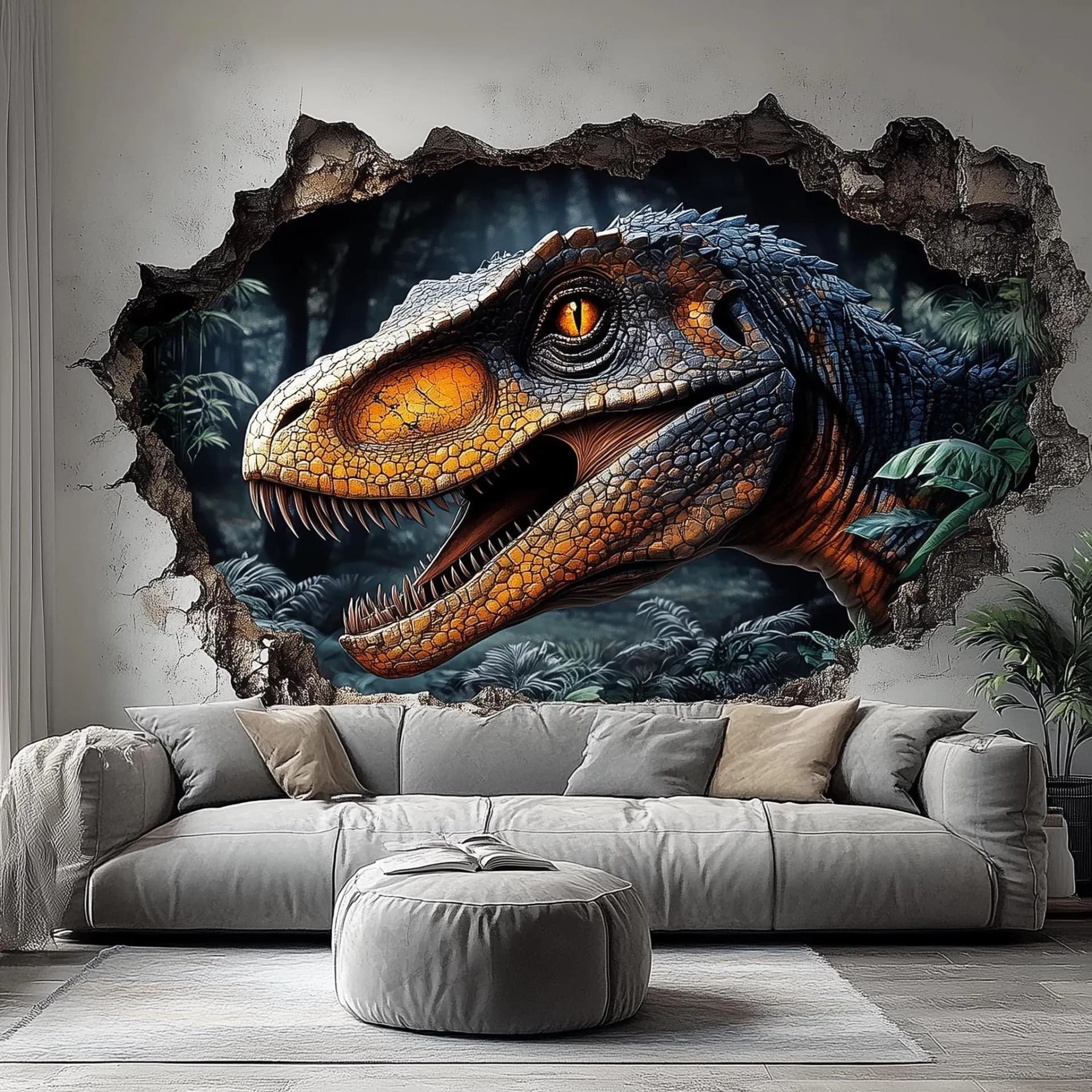 image-3D Dinosaur Wall Mural | Fierce Raptor Cracked Wall Decal | Jurassic Wall Art Living Room | Kids Room Decor | Dinosaur Themed Wall Sticker