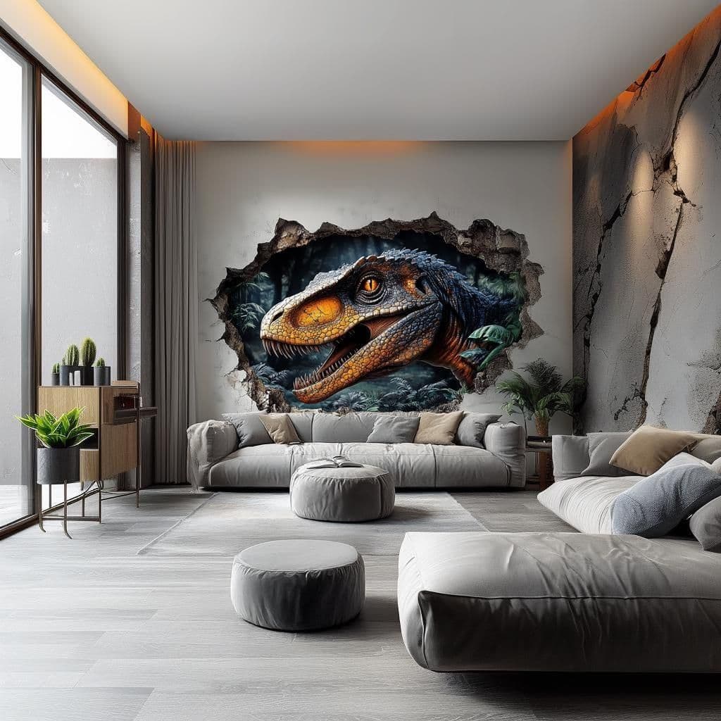 image-3D Dinosaur Wall Mural | Fierce Raptor Cracked Wall Decal | Jurassic Wall Art Living Room | Kids Room Decor | Dinosaur Themed Wall Sticker