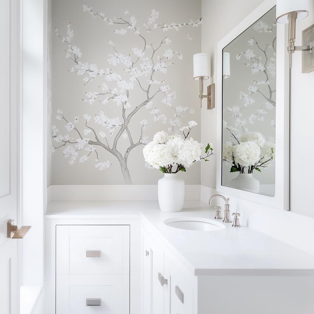 image-Chinoiserie Tree Wall Decal | Elegant Floral Vinyl Mural | Light Gray Blooming Branch Sticker | Classic Bathroom & Bedroom Decor