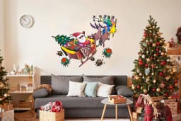 image-Colorful Humorous Santa in Glasses & Sleigh Wall Decal - Funny Christmas Silhouette Stickers