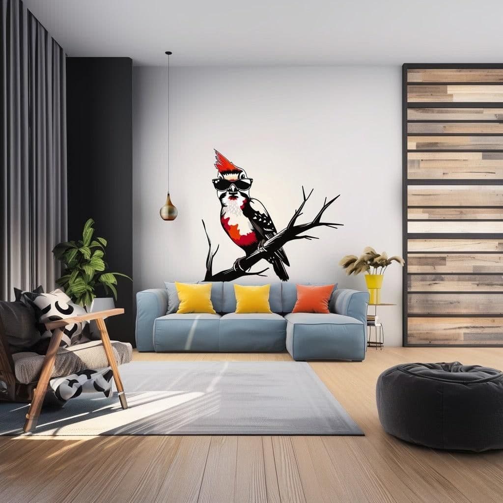 image-Downy Woodpecker Bird in Glasses Wall Sticker Decals - Perfect Room Decor for Nature Lovers