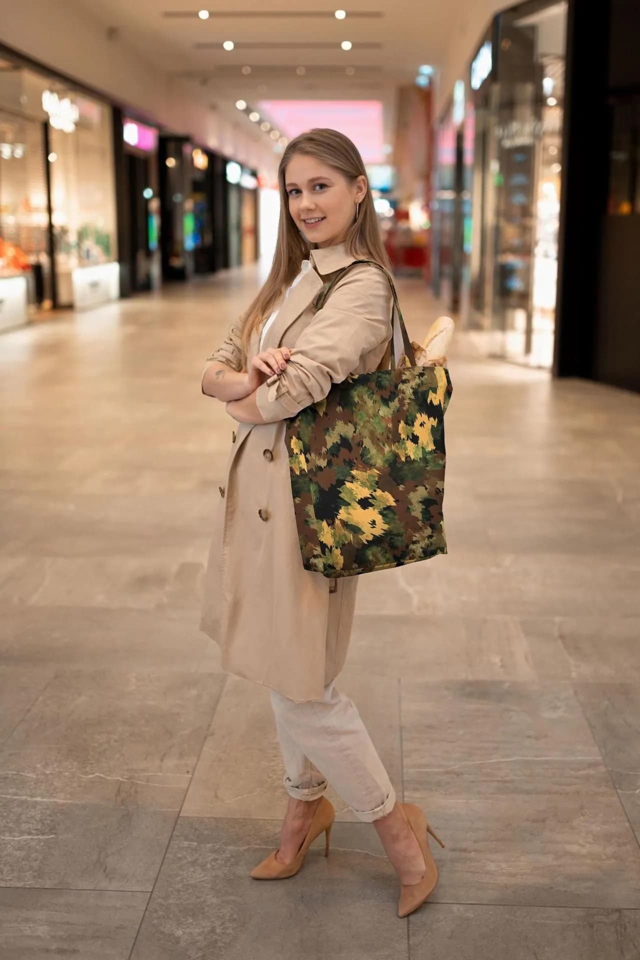 image-Women's Black Shopper Bag with Military Brown Patterns | Large Tote with Wallet | Stylish Durable Travel Bag | Versatile Beach and Gym Bag