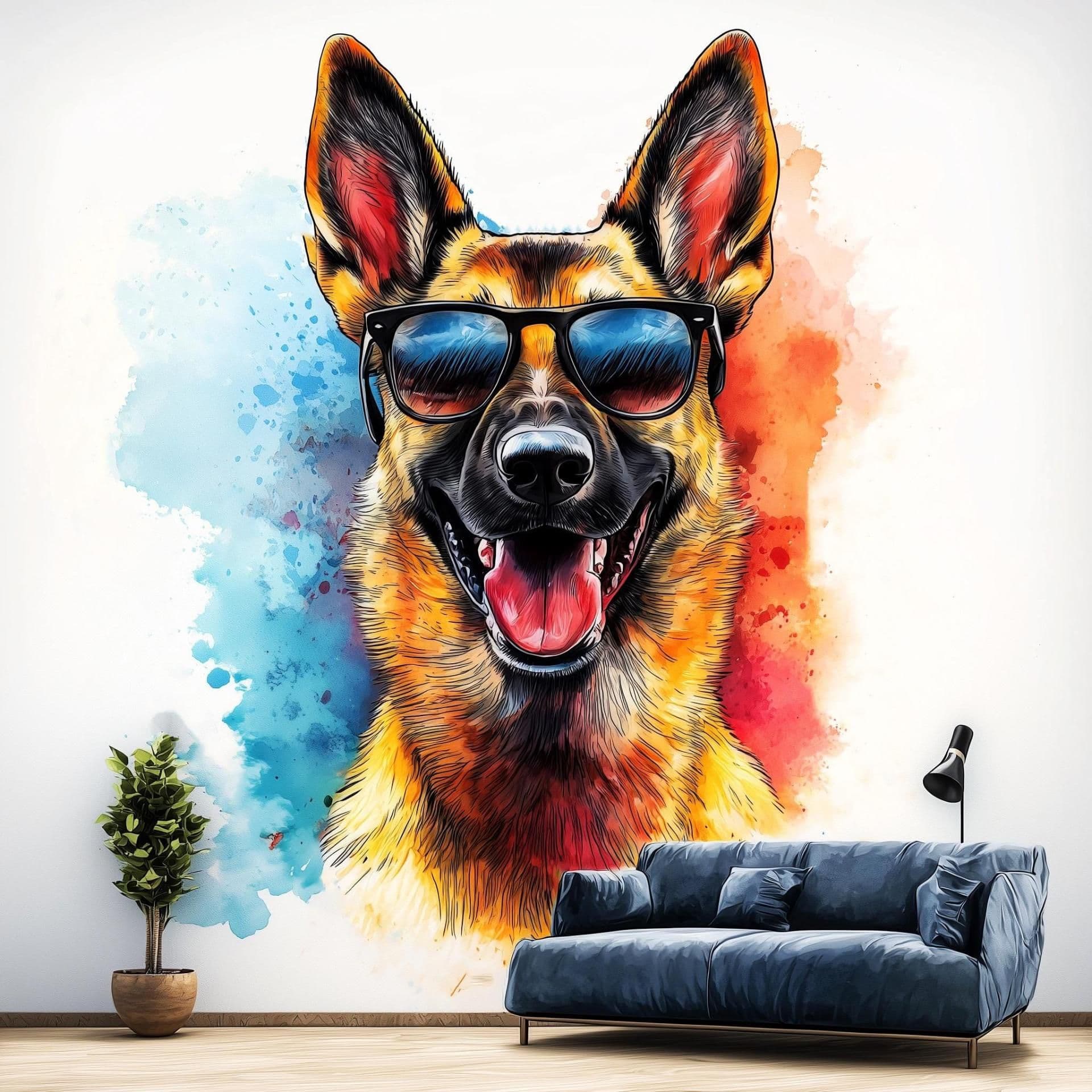image-Colorful German Shepherd Wall Sticker | Cool Dog Decal with Sunglasses | Fun Puppy Wall Art | Playful Pet Decor for Kids Vibrant Wall Decal