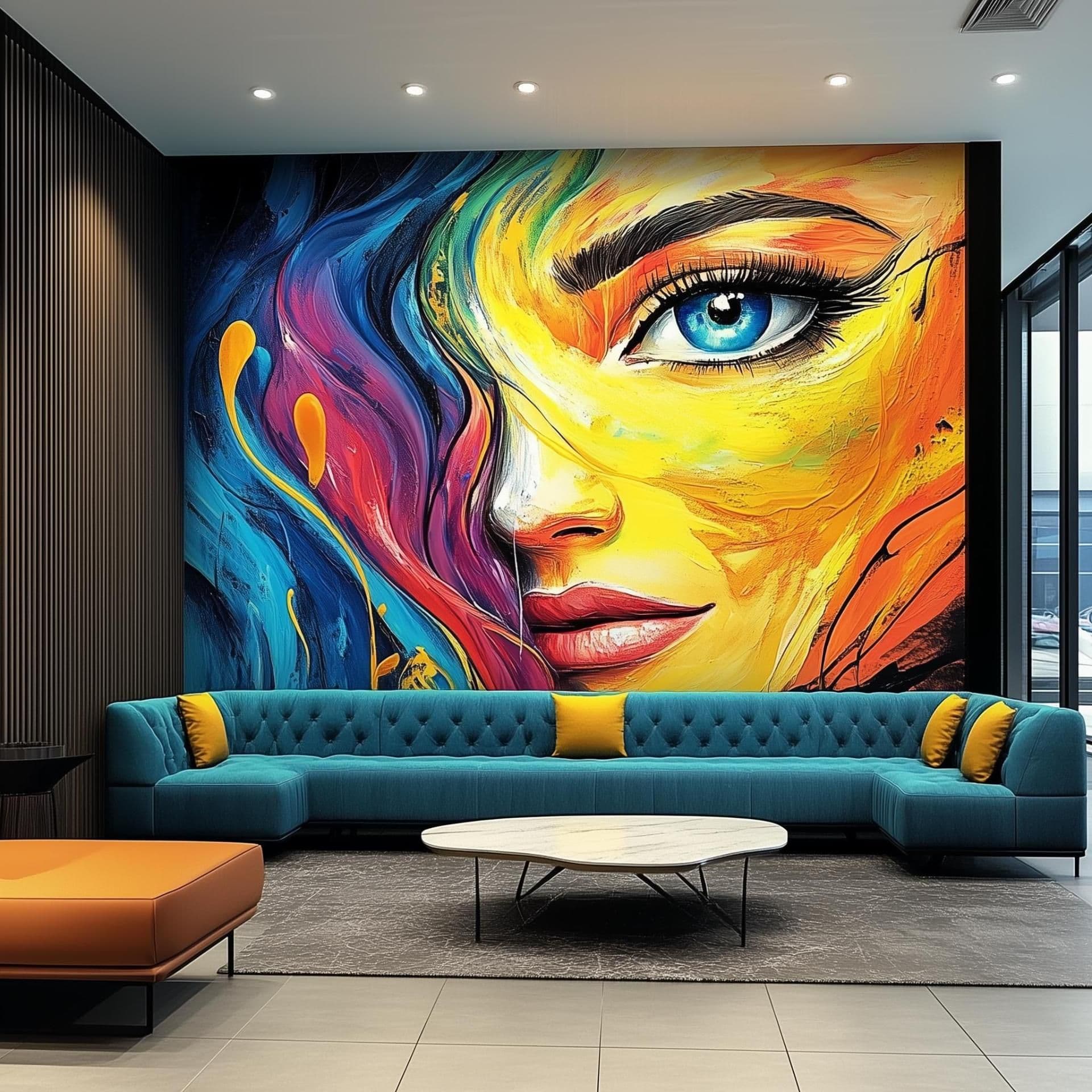 image-Colorful Abstract Woman's Face Wallpaper Decal | Bold Rainbow Wall Mural Sticker | Large Vinyl Wall Art for Living Room, Office, Hotel Decor