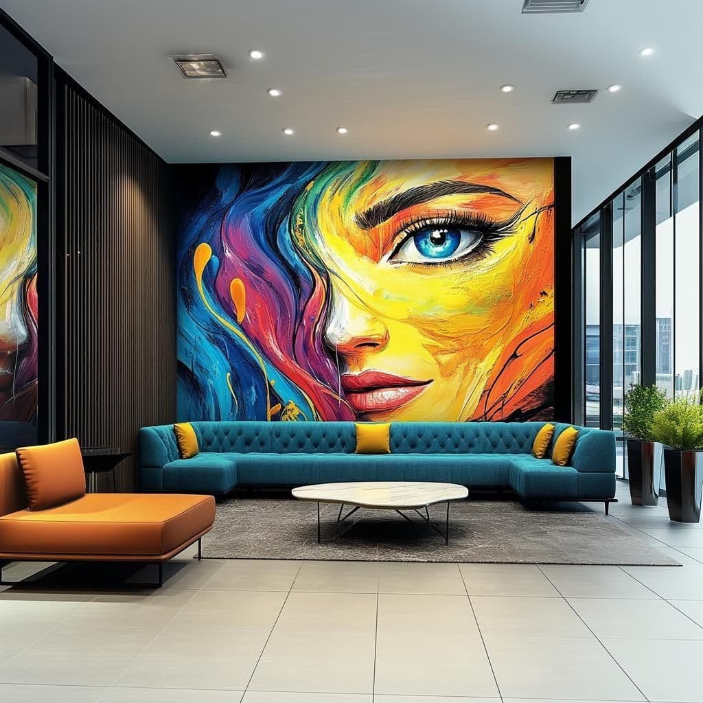 image-Colorful Abstract Woman's Face Wallpaper Decal | Bold Rainbow Wall Mural Sticker | Large Vinyl Wall Art for Living Room, Office, Hotel Decor