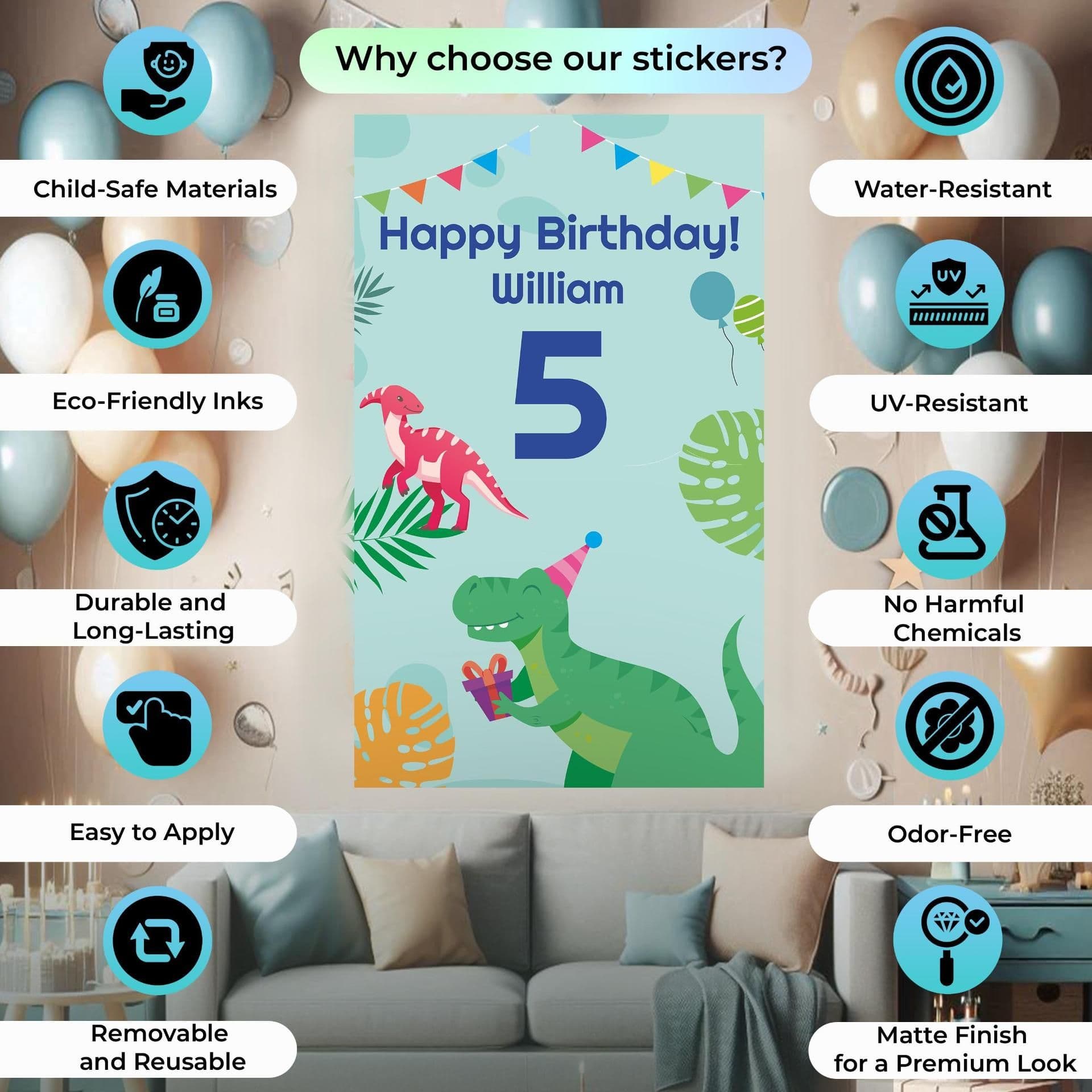 image-Dinosaur Birthday Party Decal Set | Personalized Kids Party Stickers | Custom Name Age Bottle, Treat Decals | DIY Dino Theme Decorations *!