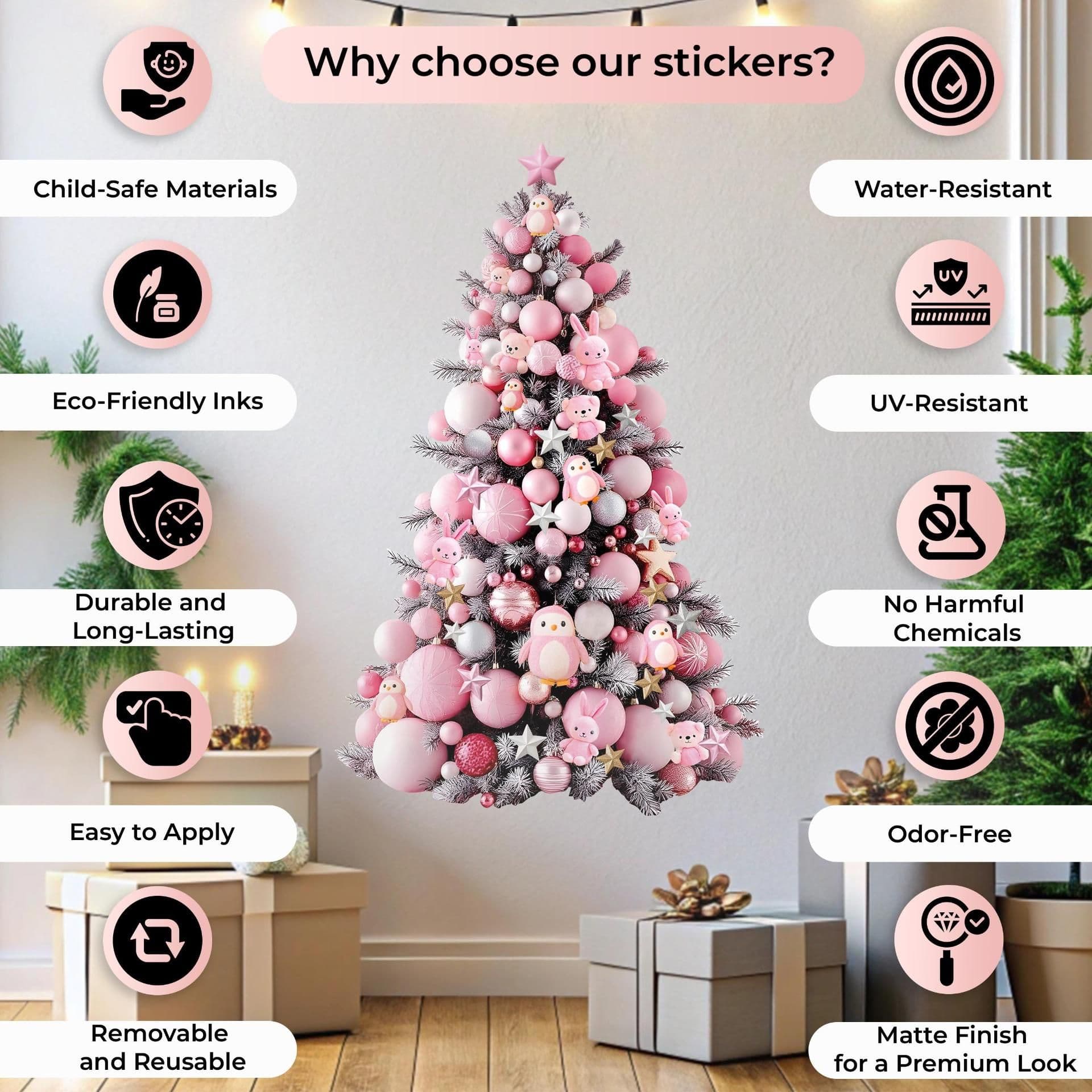 image-Pink Christmas Tree Wall Decal | Customizable Holiday Wall Sticker | Vinyl Wall Art for Kids Room | Interactive Christmas Decor *!