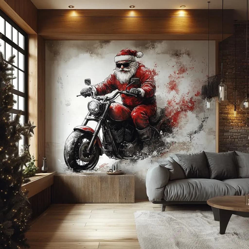 image-Biker Santa Claus Wall Mural | Bold Christmas Decor | Santa on Motorcycle Wall Art | Holiday Wall Sticker for Man Cave Unique Festive Decor