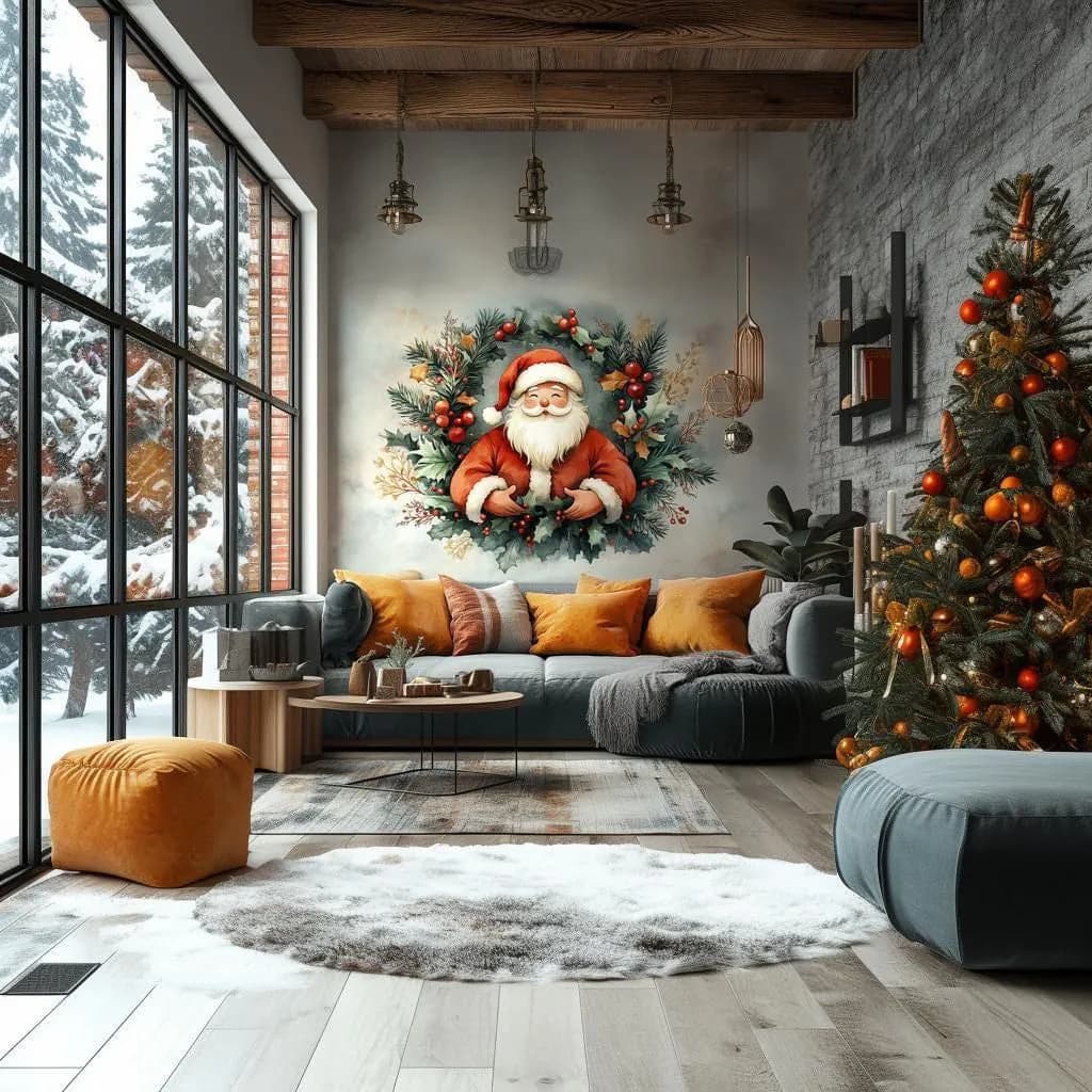 image-Santa Claus Wreath Wall Mural | Cozy Christmas Decal | Classic Holiday Wall Art | Festive Santa and Holly Sticker | Warm Holiday Decoration
