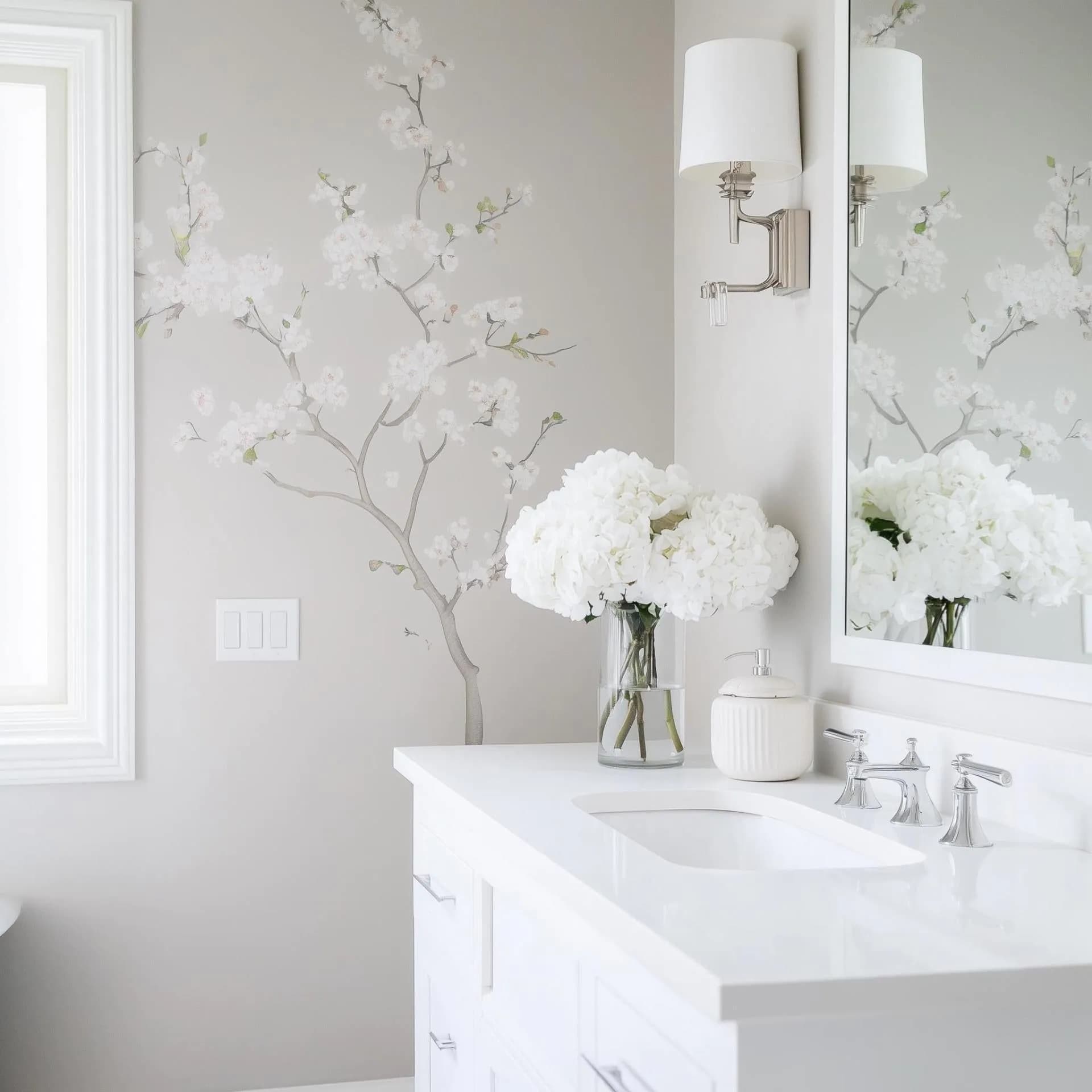 image-Chinoiserie Blossom Wall Decal | Elegant Floral Tree Vinyl Sticker | Light Gray Botanical Mural | Luxury Bathroom & Bedroom Decor