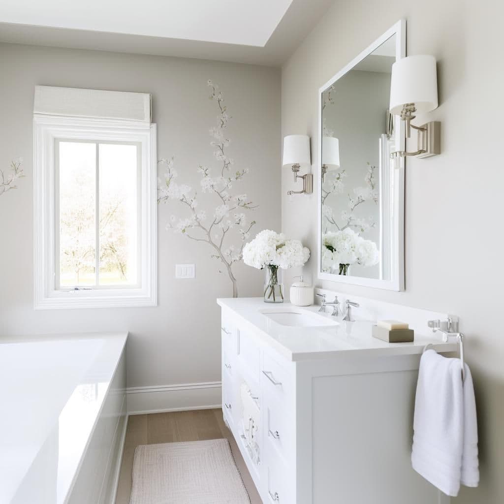 image-Chinoiserie Blossom Wall Decal | Elegant Floral Tree Vinyl Sticker | Light Gray Botanical Mural | Luxury Bathroom & Bedroom Decor