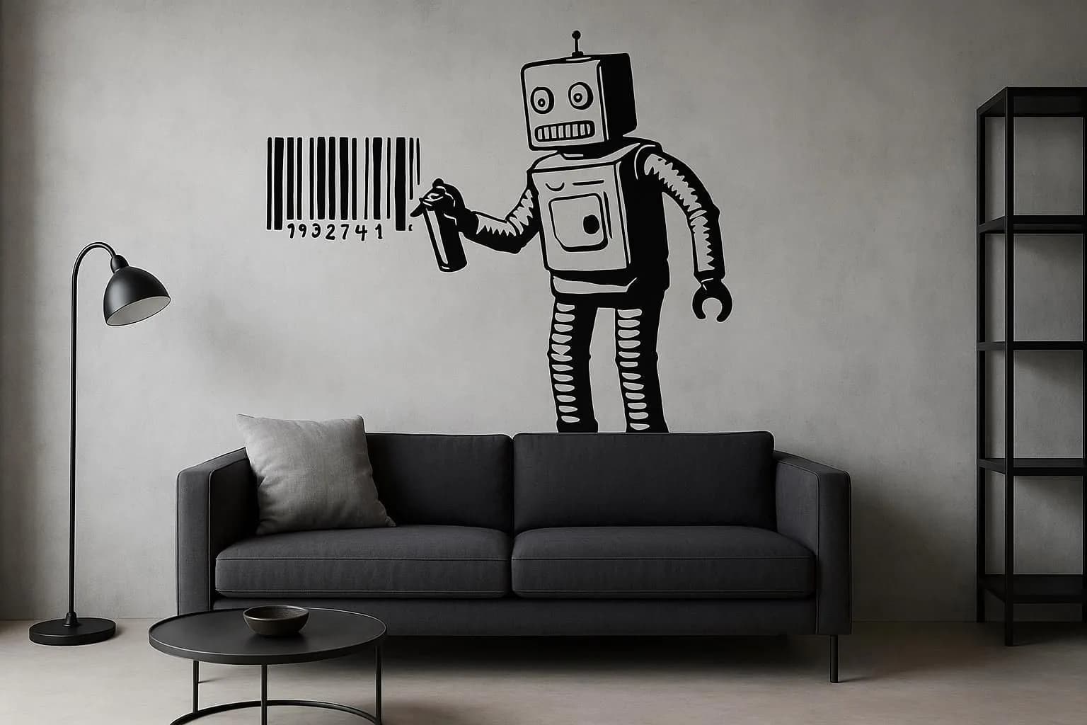 image-Robot Barcode Wall Decal | Graffiti Robot Art | Black Vinyl Sticker | Modern Wall Decor for Loft Office, Game Room | Industrial Urban Style