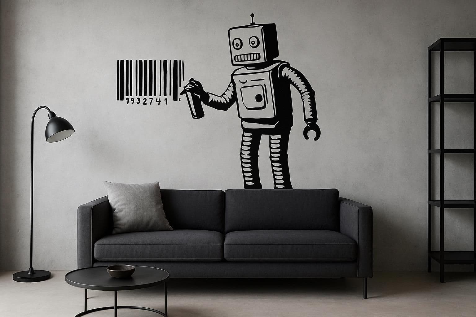image-Robot Barcode Wall Decal | Graffiti Robot Art | Black Vinyl Sticker | Modern Wall Decor for Loft Office, Game Room | Industrial Urban Style